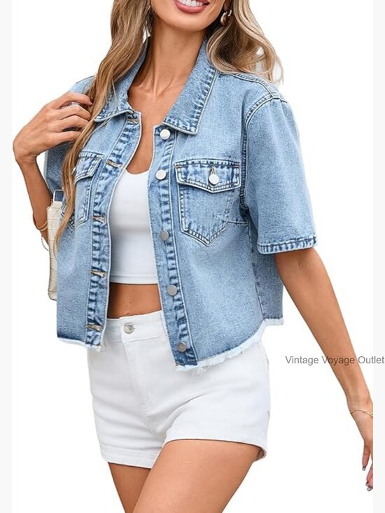 Jackets & Blazers - Women's Short Sleeve Cropped Denim Jacket Frayed Hem Jean Jacket